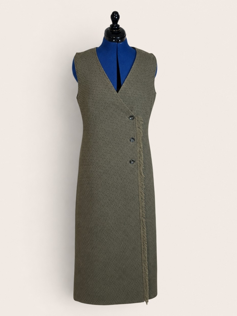 Harve Benard Olive Sleeveless Wrap-Style Wool Dress with Fringe Trim
